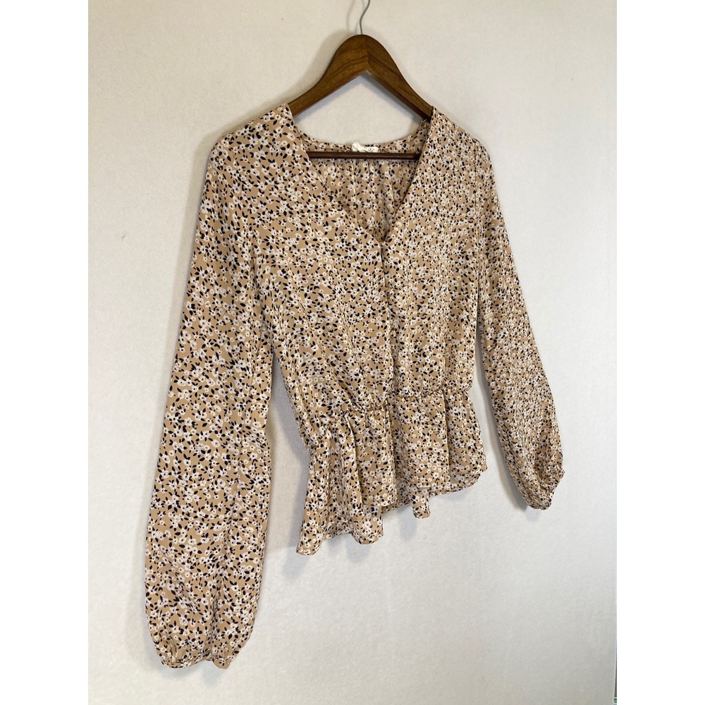 Cottagecore Sienna Sky Women Sm Tan Floral Peplum V-Neck Balloon Sleeve Blouse - Picture 9 of 10